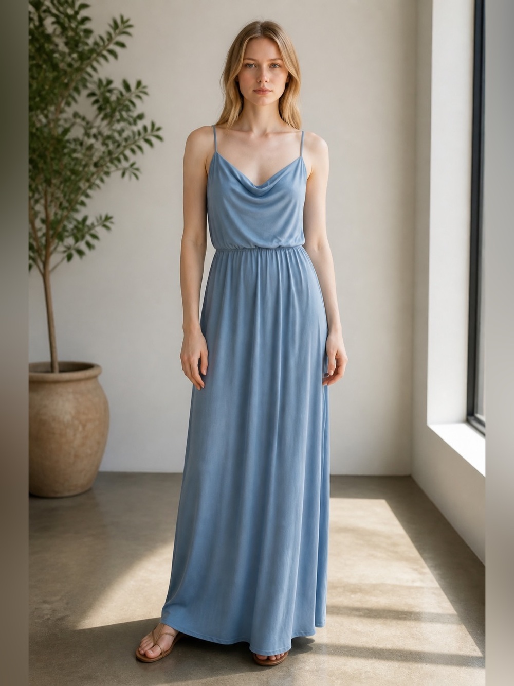 NWT HALARA Light Blue Cowl Neck Spaghetti Strap Maxi Dress size Large